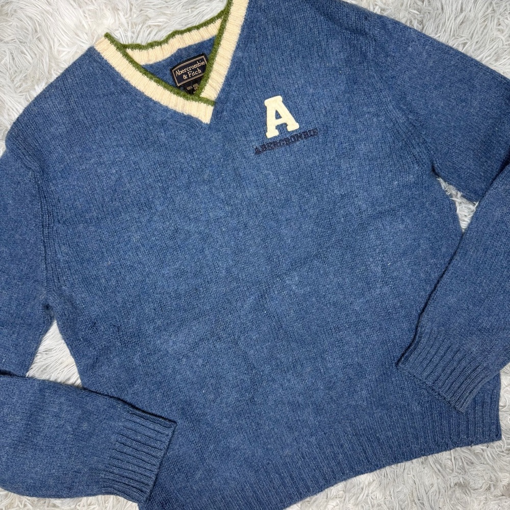 Vintage y2k 90s Abercrombie & Fitch Wool V-Neck Sweater Blue “A” Logo Medium